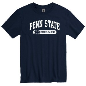 navy short sleeve t-shirt with Penn State arched above Athletic Logo and Cheerleading